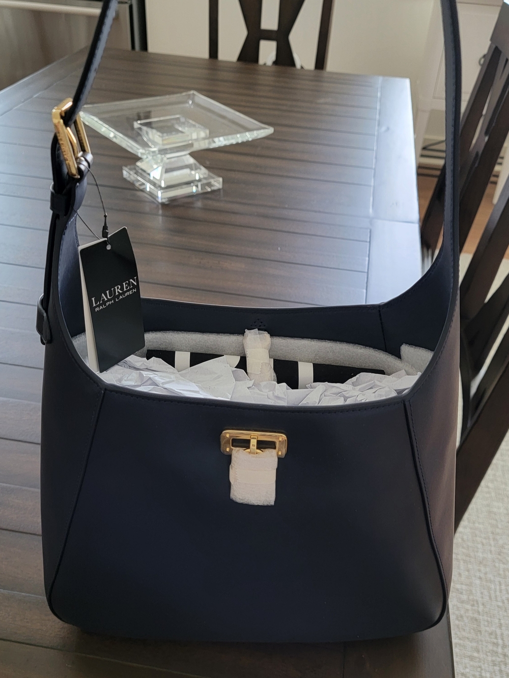 Lauren Ralph Lauren Navy Leather Shoulder Bag with Gold Hardware